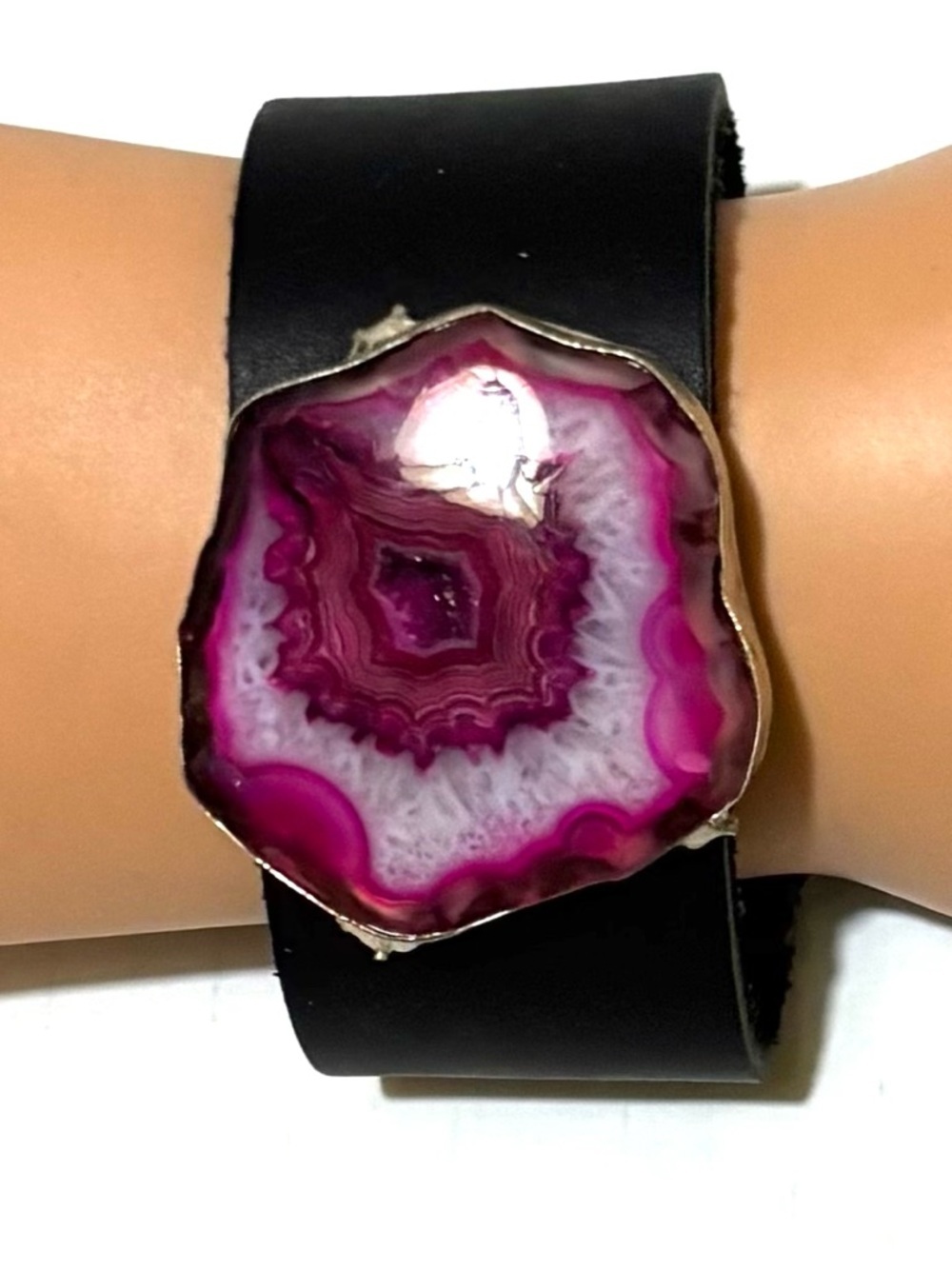 Pink Agate Slice Leather Cuff Bracelet